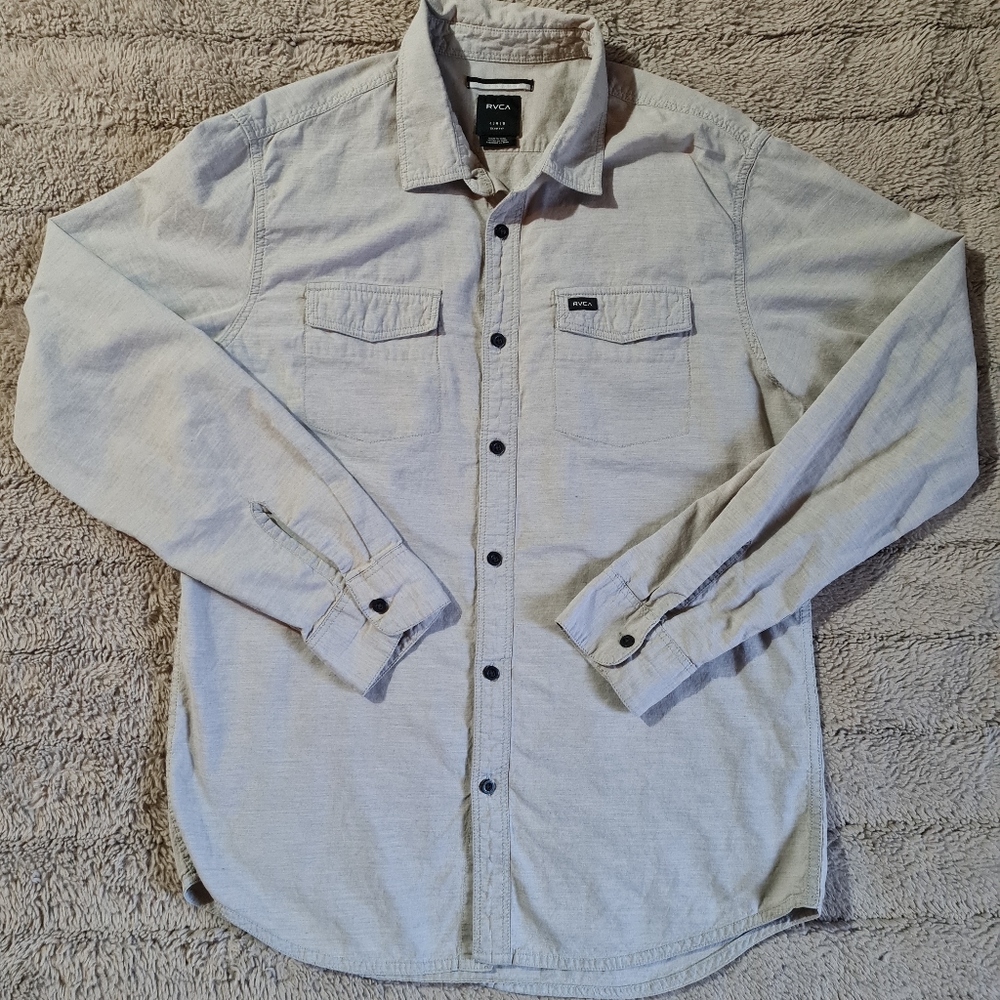 RVCA Slim Fit Button Down Casual Shirt Size L Light Grey